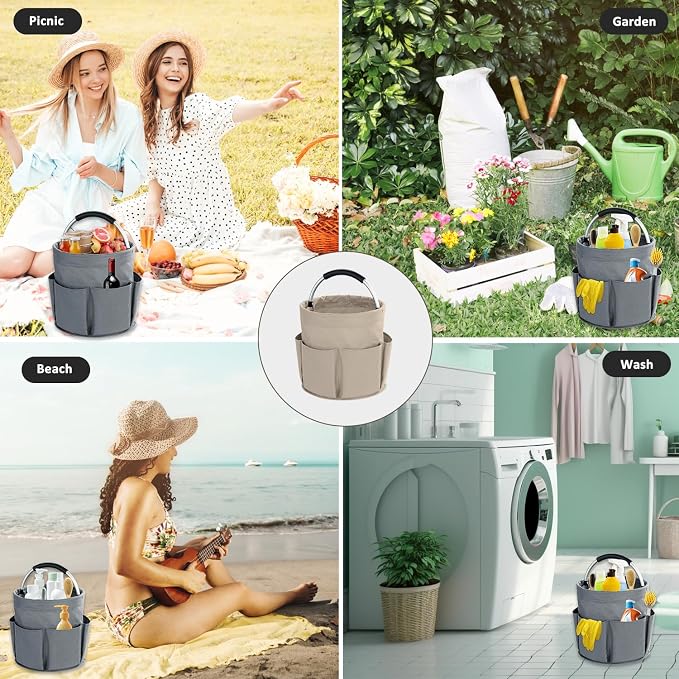 17L Cleaning Caddy with Handle, Cleaning Supplies Organizer, Foldable Storage Basket, Cleaning Supply Caddy, Portable Multi Cleaning Bucket Bag for Home, Garden (Khaki)