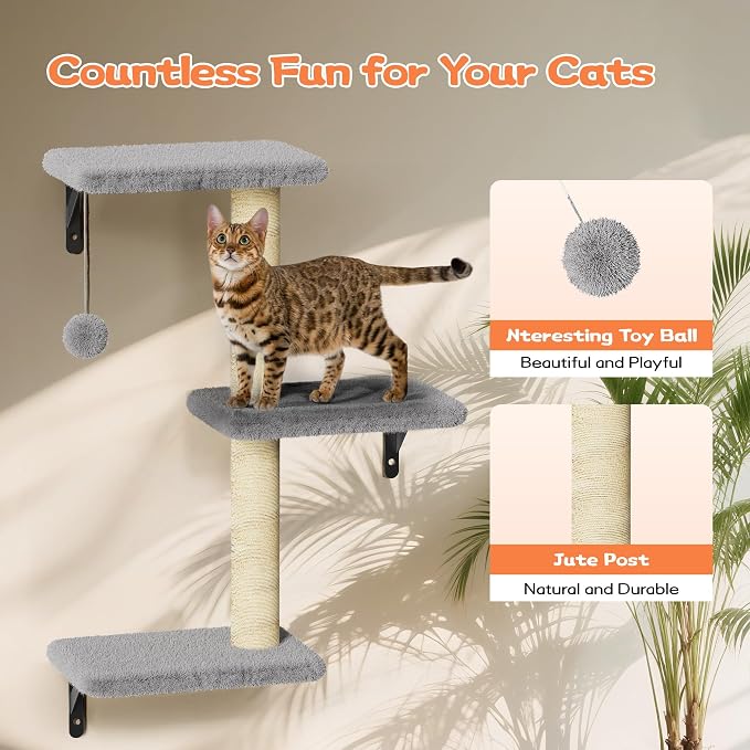 6-in-1 Wall Mounted Cat Climber Set for Heavy Cats,Wall Shelves,Stable & Safe Cat Furniture Set for Large Cats, Wooden Climbing Wall with Scratching Post (Grey)