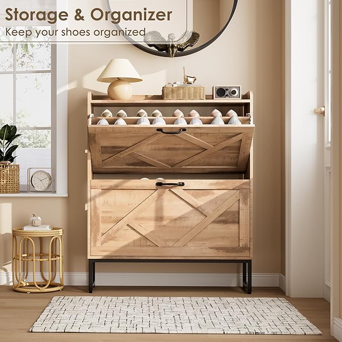 Shoe Storage Cabinet with 2 Flip Drawers, Entryway Organizer, Oak | Slim Shoe Cabinet with Metal Legs, Narrow Farmhouse Shoe Organizer for Entryway, Foyer, Hallway, Wood Shoe Rack with Hook