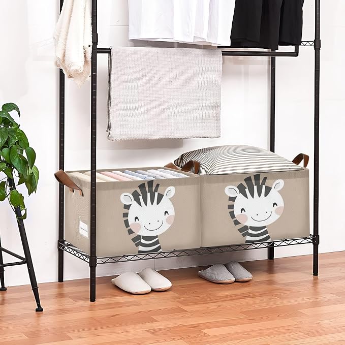 Cute Happy Zebra Brown Animal Storage Basket for Baby with Handles&Label Rectangular Waterproof Nursery Storage Bins Collapsible Organizer Baskets for Kids Cloth Gift Toys Laundry Shelf, 2 PC