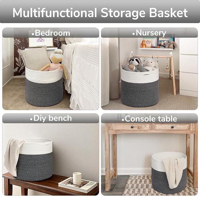 Goodpick Woven Blanket Basket Living Room, Toy Bin for Playroom, 45L | 15.8 x 15.8 x 13.8 In Storage Basket for Toys Shoes, Cute Baby Laundry Hamper for Towels, Clothes, Gray