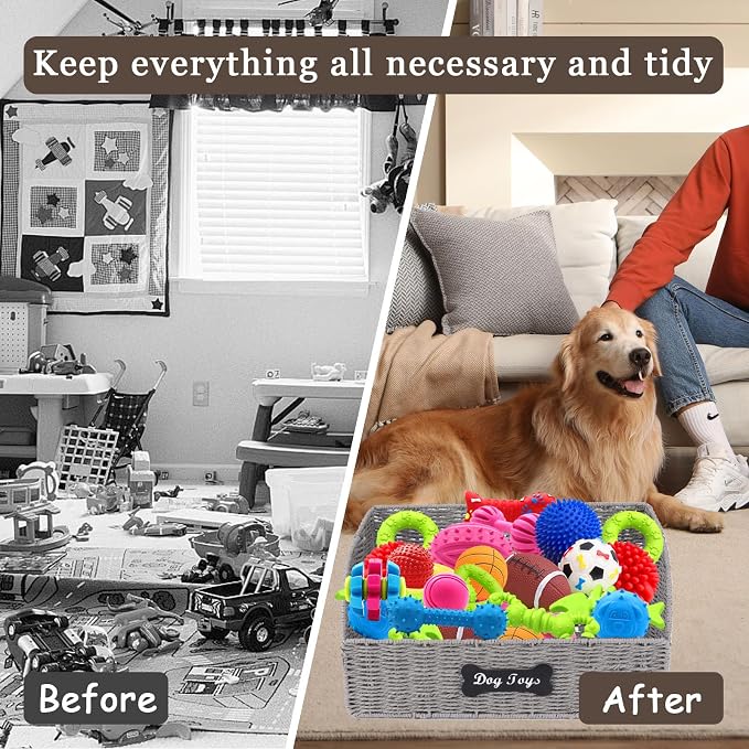 Dog Toy Basket Large Foldable Portable Rattan Dog Toy Storage Organizer for Living Room Bedroom Entryway Floor Corner Pet Toys Basket with Label, Dogs Toys Bin for Cats, Dogs and Pets-Grey