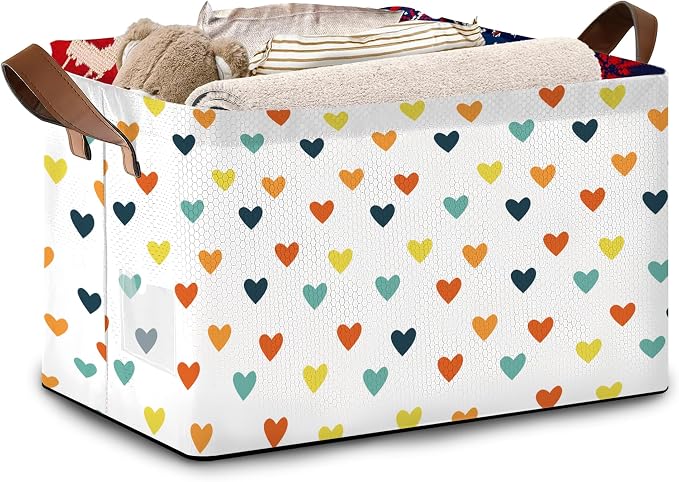 Colorful Heart Pattern Collapsible Storage Box - 17x11.5x10.5 Inch Foldable Organizer for Kids Room, Seasonal Decor - Space-Saving Single Pack