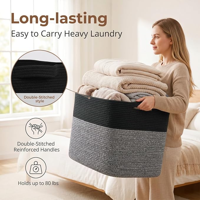 OIASKET 108L Cotton Rope Storage Basket for Living Room and Bedroom 25"x16"x16" Woven Laundry Basket, Heavy Duty Bin for Blankets, Pillows & Toys, Pet-Safe & Scratch-Free, Black