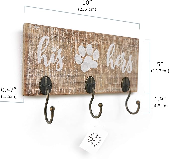 10 o'clock His Her Dog Hanger Unique Key Holder and Leash Hanger with 3 Hooks for Wall | Rustic Decor for Entryway | Cute Housewarming Gift for Dog Lovers 10"x5"