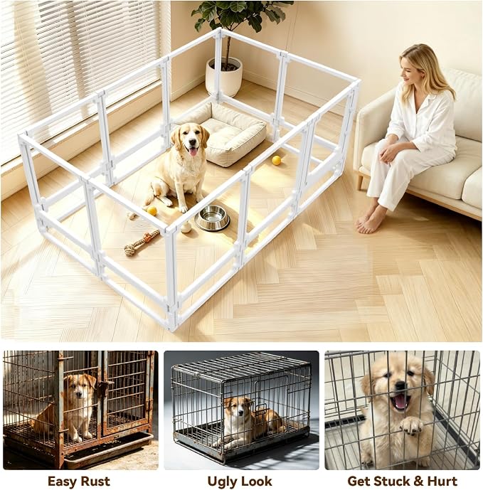 FlexiSpace Adjustable Clear Dog Play Pen, Expandable & Stackable Acrylic Dog Playpen, ONLY Dog Play Pen Indoors Grow with Your Pet Puppy Playpen (White, 34", 10 Panels)