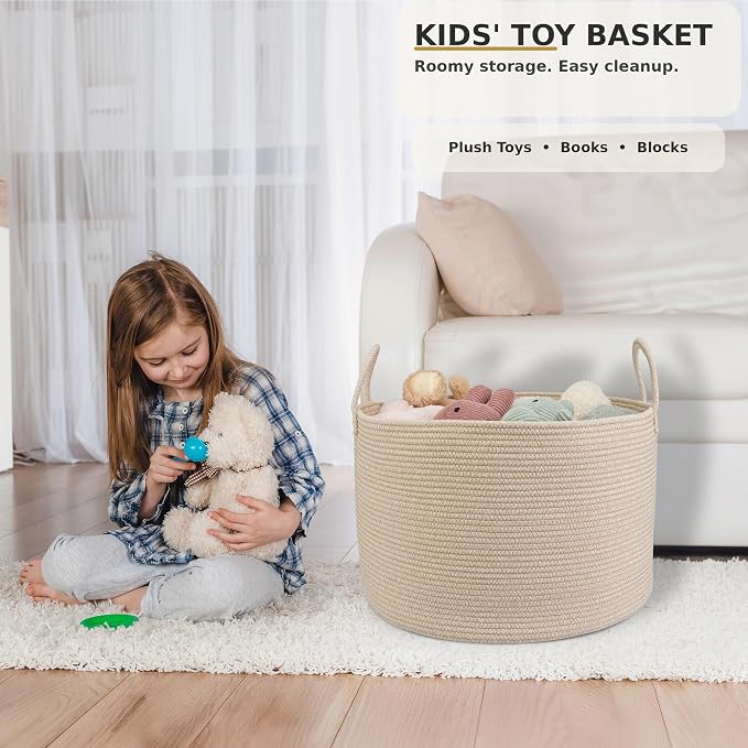 XUANGUO 66L Large Blanket Basket, Round Cotton Rope Basket, Oatmeal | 20" x 13" Laundry Basket with Sturdy Handles for Blankets, Pillows and Toys; Storage for Living Room, Bedroom and Nursery
