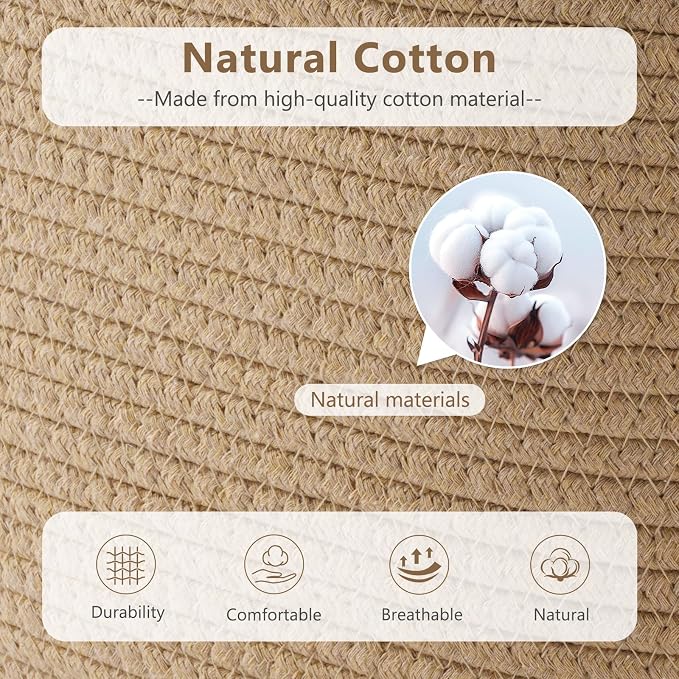 ECDYQXVU 15x10x9 Woven Cotton Rope Storage Basket, Leather Handles 2 Pack | Foldable Design, Sturdy PU Handles, Easy to Clean Organizer for Living Room, Closet, Shelves, Bedroom, Laundry, Clothes