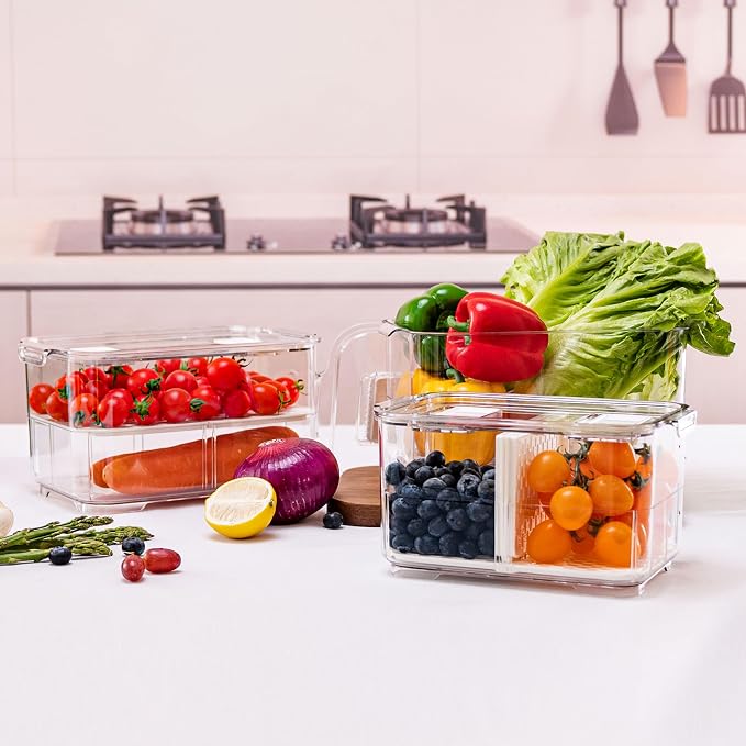 elabo Fridge Fruit Storage Containers, 2Pc Veggies Produce Saver Organizer | BPA-Free & Food Grade Containers, Keep Berries and Veggies Fresh, Large Capacity with Removable Drain Tray