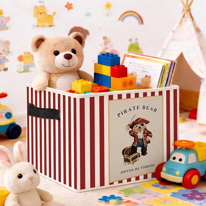 Pirate Bear Storage Bin, Red Stripe Adventure Foldable Fabric Basket | Foldable pirate bear fabric organizer for nursery, bedroom, playroom, toys, books, and clothes