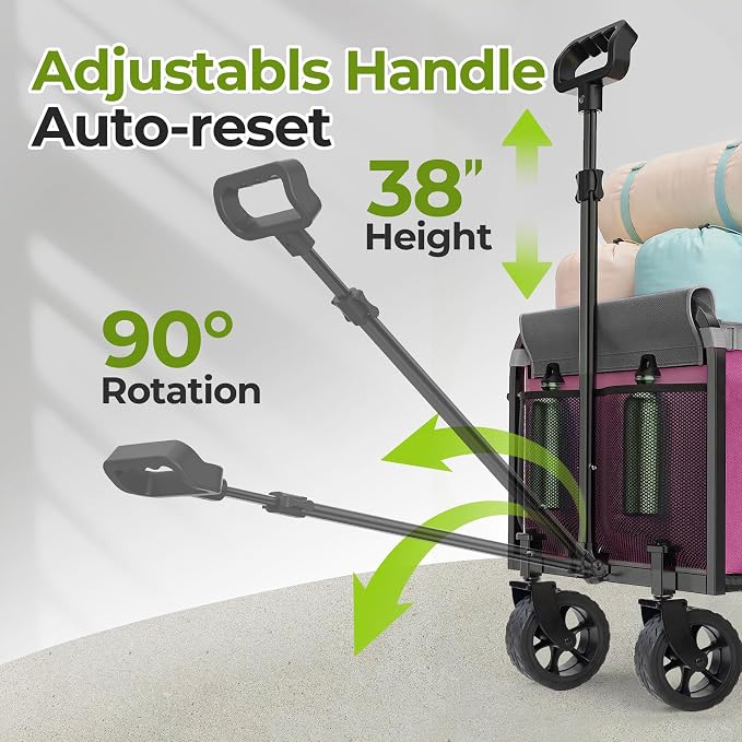 Pink Folding Wagon Cart with Wide Wheels, Lightweight & Portable, Easy Fold & Removable Side Utility Wagon for Groceries, Gardening, Camping, Pet Use