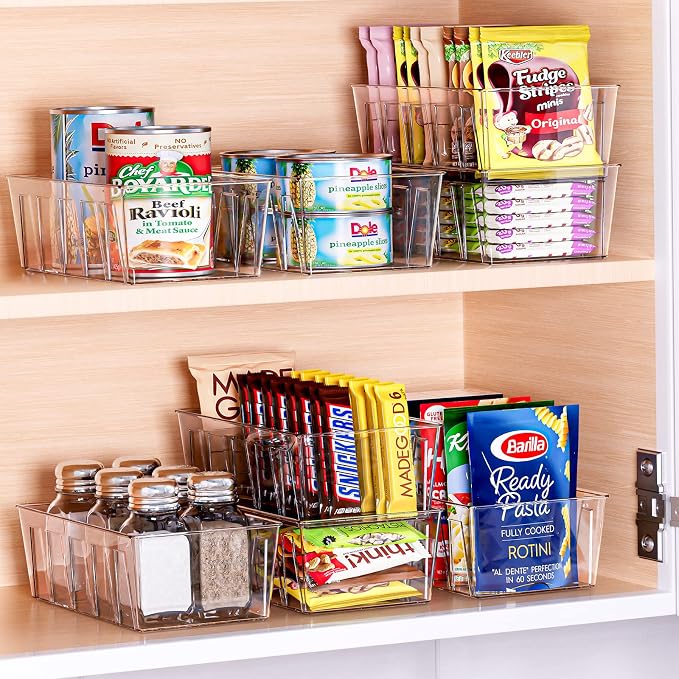 Puricon 4 Pack Pantry Organization and Storage Bins for Kitchen Fridge | Stackable Clear Plastic Storage Racks with Removable Dividers for Countertop Cabinet, 5 Compartments for Snacks Packet Spices