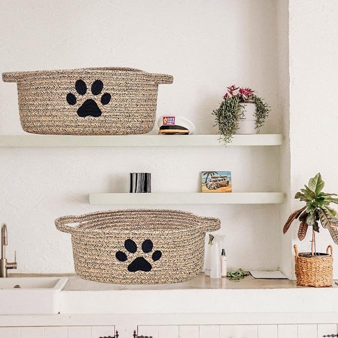 ABenkle Small Woven Basket with Handle, Cute Dog Paw Baskets for Gifts Empty, Decorative Rope Woven Storage Dog Toy Basket, Nursery Baskets for Baby Shower, 12" x 8" x 5"
