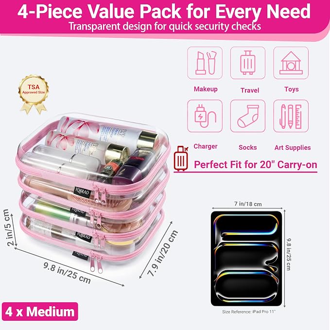 YQBRAO Clear Hard Shell Zipper Cases, 4 Medium Makeup Organizers, Pink | Rigid 1.2 mm PET and YKK dual zippers for skincare, toiletries, chargers, notebooks and daily essentials