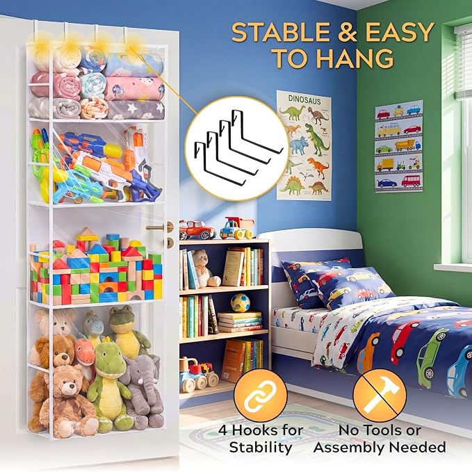 Over the Door Stuffed Animal Storage with Clear Dust Cover | 4 Tier Extra Large Hanging Toy Organizer for Plush Toys, Nursery Bedroom and Kids Room Storage
