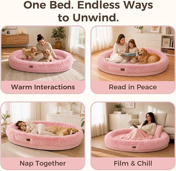 Human Dog Bed for Adult, 71"x48" Large Pet Dog Bed, Pink | Adult Dog Bed for Humans with Pillow & Blanket, Fluffle Cloud Dog Bed with Orthopedic Foam Bolster, Durable Zipper, Portable