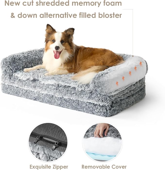 EHEYCIGA Foldable XXL Dog Bed for Large Sized Dog - 54x38x7.5, Grey | Faux Fur Fluffy Pet Couch Bed, Orthopedic Calming Memory Foam Big Pet Bed, Washable Pet Sofa Bed with Non-Slip Bottom