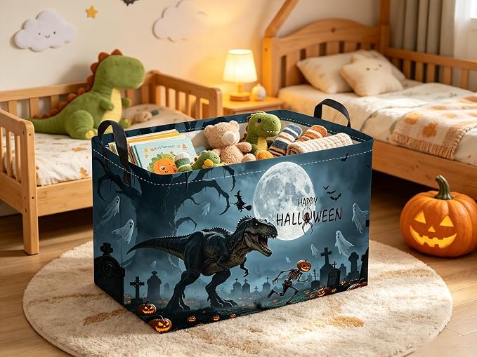 Sanjiaofeng Rectangular Dinosaur Halloween Baskets,Waterproof Foldable Dinosaurs Basket with Handles,Nursery Hamper,Home Organizer,Books Box,Gift Baskets(Misty Dinosaur)