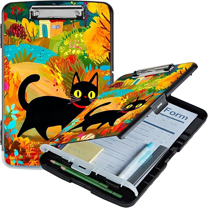 Black Cat in Autumn A4 Clipboard with Storage Pen Holder, Clipboards Organizer Nursing Clipboard Foldable File Folder Plastic Clipboard Folio Clip Board for Office Students Classroom Doctor