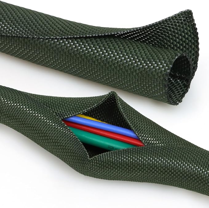 Split Braided Cable Sleeve，Flexible Wire Loom Tubing, Automotive Cord Protector Pet Proof, Cable Management for Computer TV Electric Wires Harness 16ft (Dark Green, 16mm（5/8")