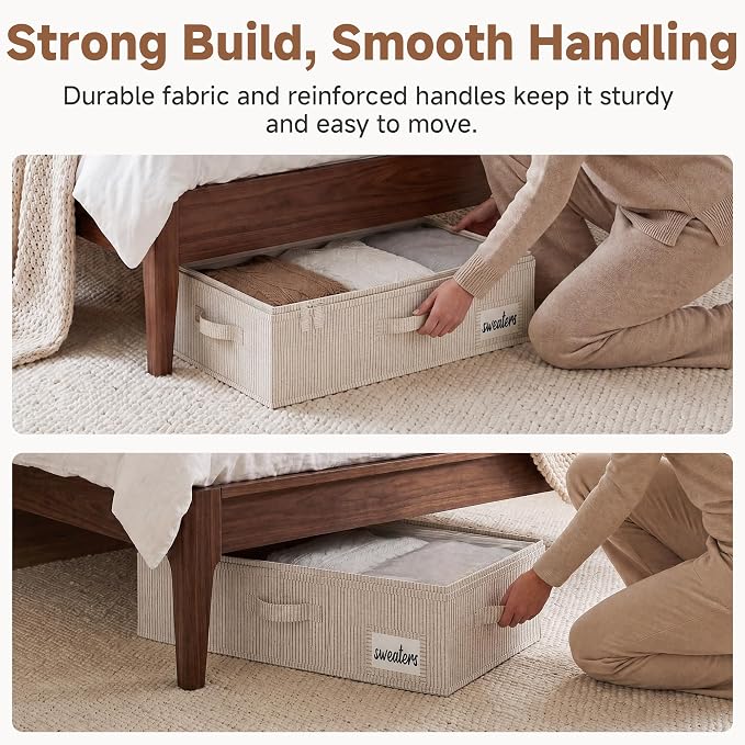 StorageWorks 5 Inch Low Profile Under Bed Storage Containers with Clear Lid | Reinforced Structure, Resists Sagging, Handles & Label Holder, Foldable Stackable Closet Storage for Clothes, Blankets, Toys