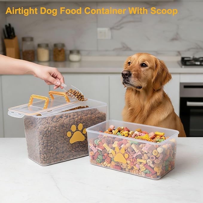 2-Piece Dog Food Container with Handle,20lb Airtight Pet Food Storage Bin for Dogs Cats, Large Capacity Kibble Container for Kitchen Counter,Stackable and Keep Food Fresh Crispy-BPA free