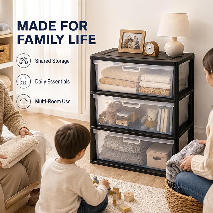 3 Drawer Plastic Storage Tower Wide Organizer for Closet Bedroom (Black) | Stackable wide drawers for clothes, toys and crafts. Durable see-through plastic provides quick visibility.