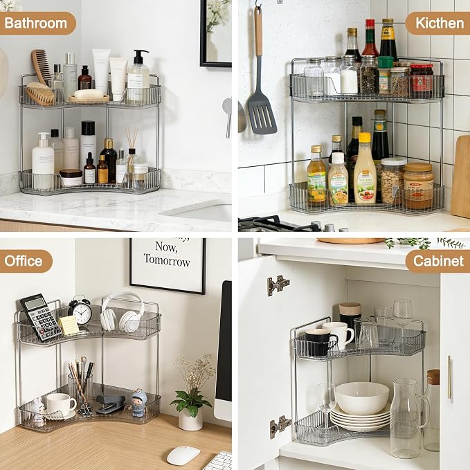 Corner Bathroom Counter Organizer, Vanity Organizer - Countertop Corner Shelf for Makeup Storage,Spice Racks for Kitchen Corner (Gray, 2-Tier)