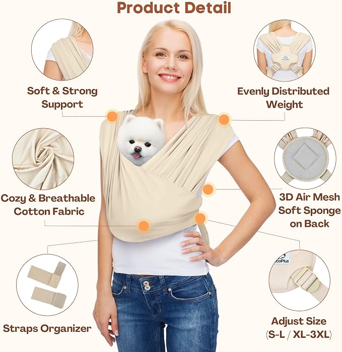 AnccoPlus Small Dog Sling Carrier, Hands-Free, Beige, Plus | Patented Front Carrier Reduces Back and Neck Strain; Adjustable, Soft Cotton, 3D Air Mesh for Puppies & Cats up to 20 lb