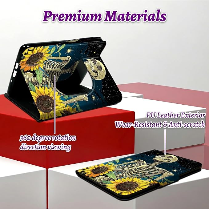 Rotating Handle Case for Samsung Galaxy Tab A8 10.5" 2022 (SM-X200/X205/X207), 360 Degree Swivel Kickstand with Magnetic Closure Shockproof Leather Cover for Women Men, Dark Skull Sunflower