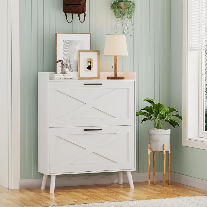 Homleke Farmhouse Shoe Storage Cabinet with Flip Drawers & Barn Door Design | Slim Narrow Shoe Rack Cabinet with Adjustable Shelves & Hidden Storage for Entryway, Foyer, Hallway, Living Room, White