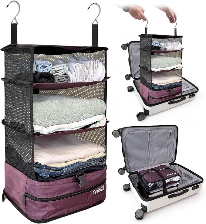 Stow-N-Go Hanging Travel Shelves, Packing Organizer for Luggage. Carry on Closet for Suitcase. Expandable Packing Cube. Travel Essentials. (Burgundy - L, L = (L) 11.8" x (W) 11.8")