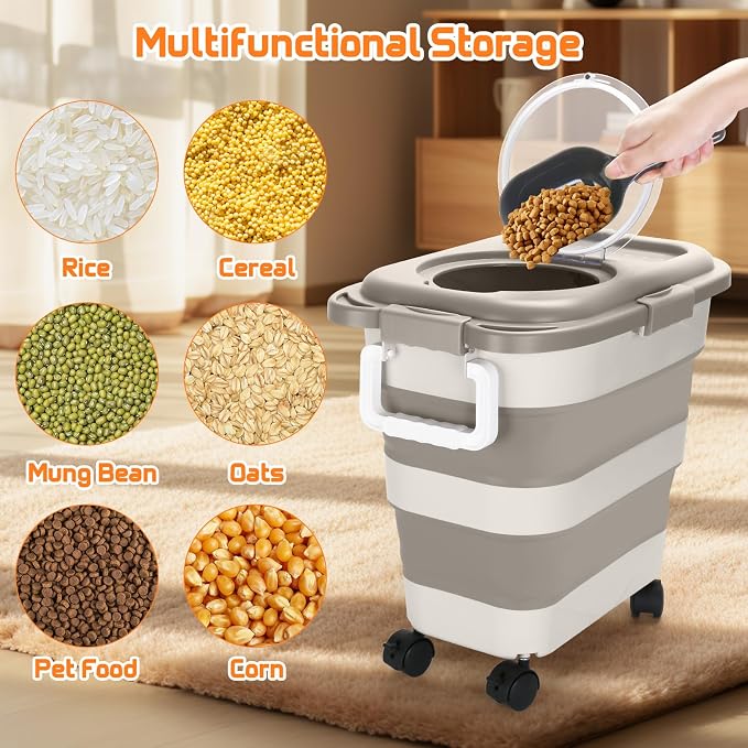 Beyoung 25-28lbs Airtight Dog Food Storage Containers with Wheels and Lids, Collapsible Pet Food Storage Bins with Handle, 50lb Rice Storage Bucket with Scoop, Dry Food Storage Bins (Khaki)