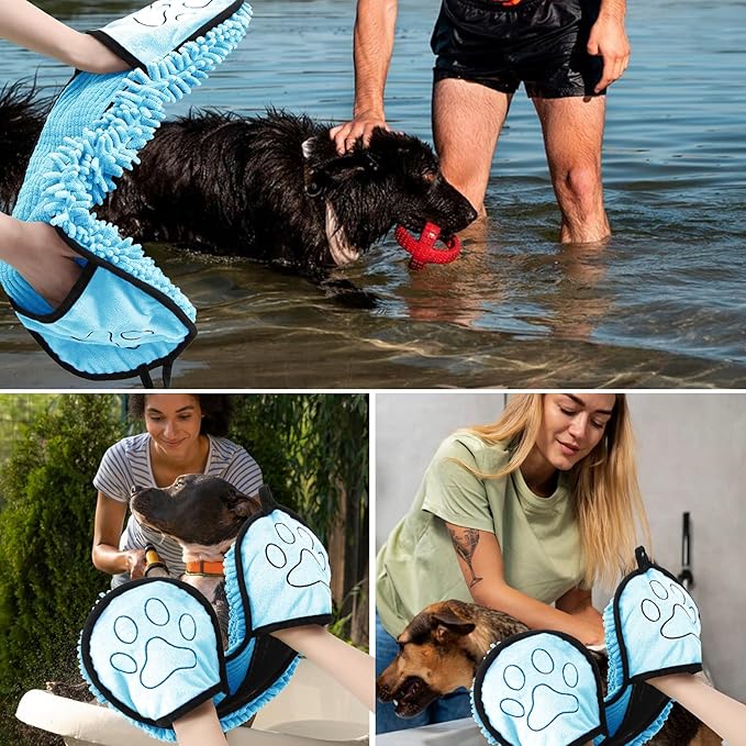 Absorbent Dog Towel, Microfiber Quick Drying Towel, Super Absorbent Machine Washable Pet Towel with Hand Pocket, 9 x 23 inches (Blue)