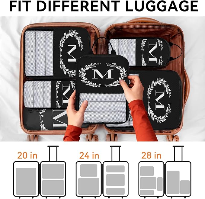 Letter M 6 Set Compression Packing Cubes Natural Floral Design Expandable Packing Organizer for Travel Accessories Luggage Suitcase Bag