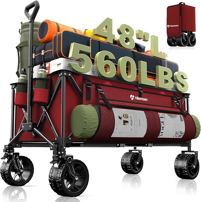 48'' Extra Large Collapsible Wagon with Big Wheels, 300L Red | 560LBS Heavy Duty, Wagons Carts Foldable, All-Terrain, Brakes, Folding Cart, Utility for Beach/Camping/Garden/Sports/Grocery