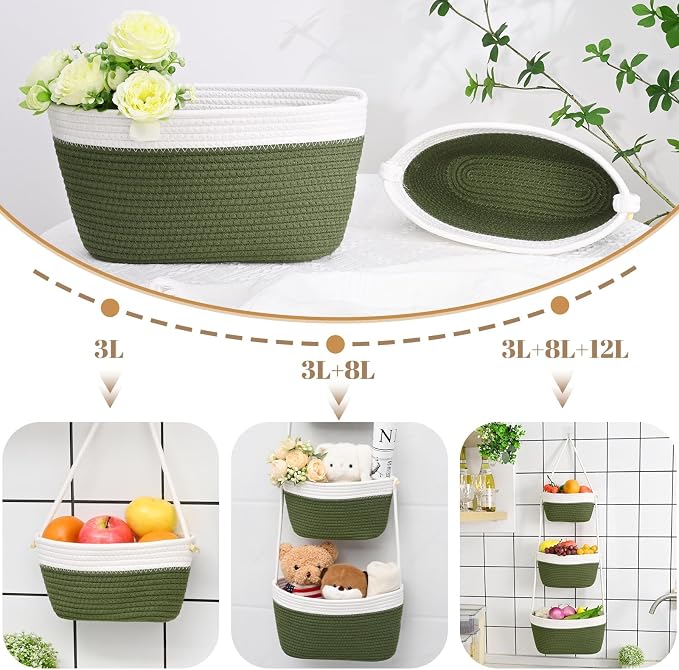 Hanging Basket, 3-Tier Woven Wall Basket with 4 Hooks, Cotton Rope Storage Baskets, Over the Door Organizer for Nursery, Bedroom, Cottage and Boho Wall Decor