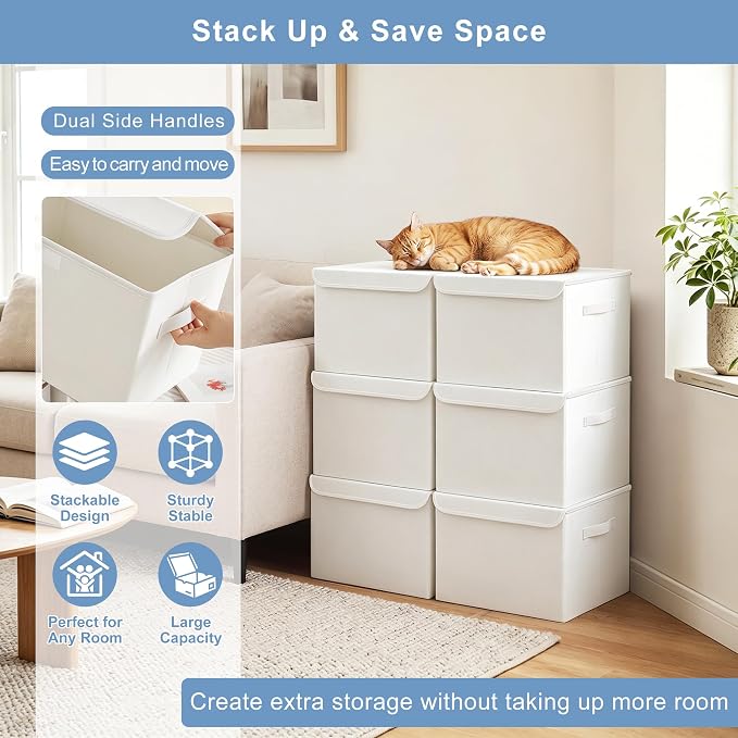 Large 22 Quart Linen Fabric Foldable Storage Bin Cube Organizer Basket with Flip-Top Lid & Handles, Clothes Blanket Box for Home, Office, Closet, White, 4 Pack 14.6 x 9.5 x 9.5”