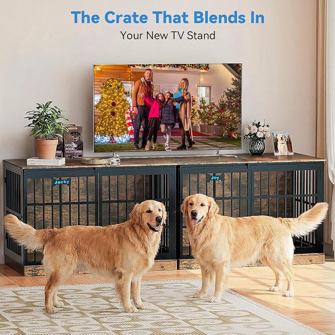 Petrova 47" Dog Crate Furniture with Name Tag, Heavy Duty Dog Kennel Indoor for Large/Medium Dogs, Wooden Dog Cage with Sliding Barn Door, Decorate House as TV Stand, End Table, Rustic Brown