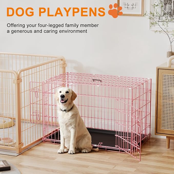 FDW Dog Crate 36inch Dog Cage Foldable Metal Kennel with Leakproof Tray Foldable Design Indoor Outdoor Use for Medium Dogs,Pink