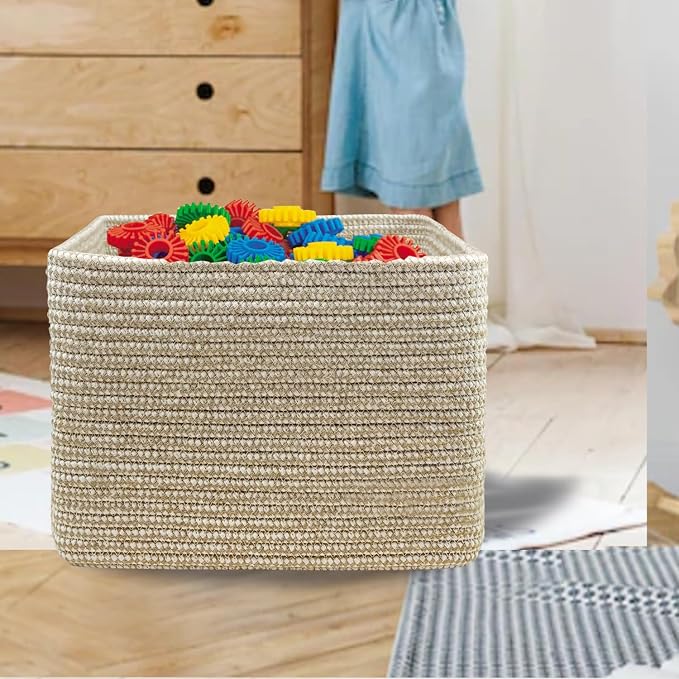 COMFY-HOMI Cotton Rope Woven Basket with Handles for Shelves,Toys,Book, Cloth Storage Baskets Bin for Organizing- 1 PCSToy Decorative Organizer for Living Room, Bathroom
