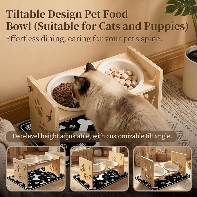 2026 New Elevated Cat Bowls with Food Mat, Adjustable Height & Angle Raised Cat & Dog Bowls Stand for Food and Water, Cat or Small Dog Feeding Station, 2 Ceramic Bowls for Cats and Puppy(Natural Wood)