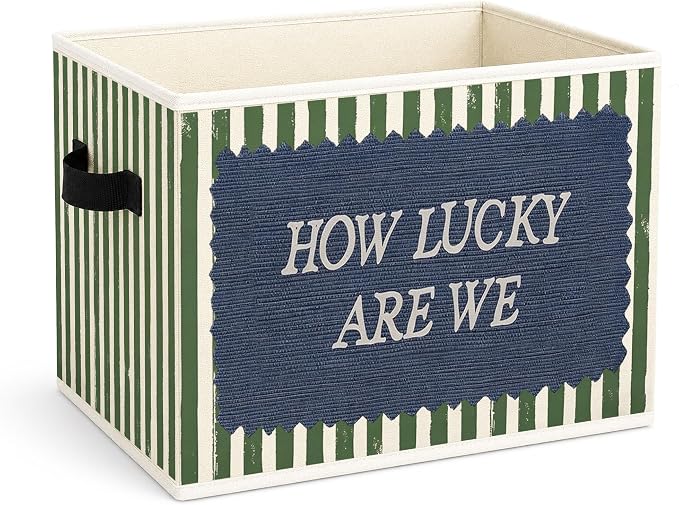 How Lucky Are We Green Stripe Foldable Fabric Storage Bin for Kids Room | Green stripe design, foldable storage bin for toys, books, clothes in nursery, bedroom, or playroom.