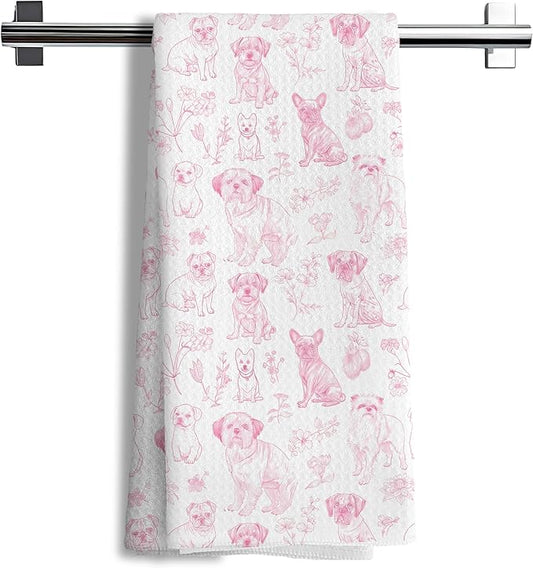 Pink Chinoiserie Dog Floral Decor Kitchen Towels，Dog Gifts for Kitchen Bathroom Decor,Pink Animal Print Grandmillennial Decorative Dish Tea Towels,16x24 Inch