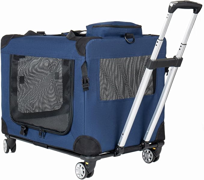 2 in 1 Rolling Dog Crate with Wheels, 24'' Collapsible Travel Pet Carrier for Medium Large Dogs, Portable Folding Kennel with 3-Door Design & Mesh Windows (Dark Blue + 28'')