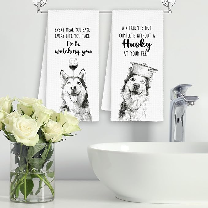 Funny Dog Husky Kitchen Towels Set of 2, Cute Dish Towel Gifts for Dog Lovers Mom Christmas, Every Meal You Bake Hand Towels Decor for Bathroom, Rustic Tea Bar Towel for Dining Room 16x24in