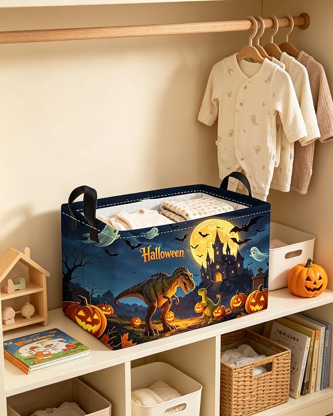 Essme Rectangular Dinosaur Basket,Kids Storage Bins Organizer with Handles for Halloween Room Decor, Gift Basket,Shelf Basket.(Real Dinosaur)