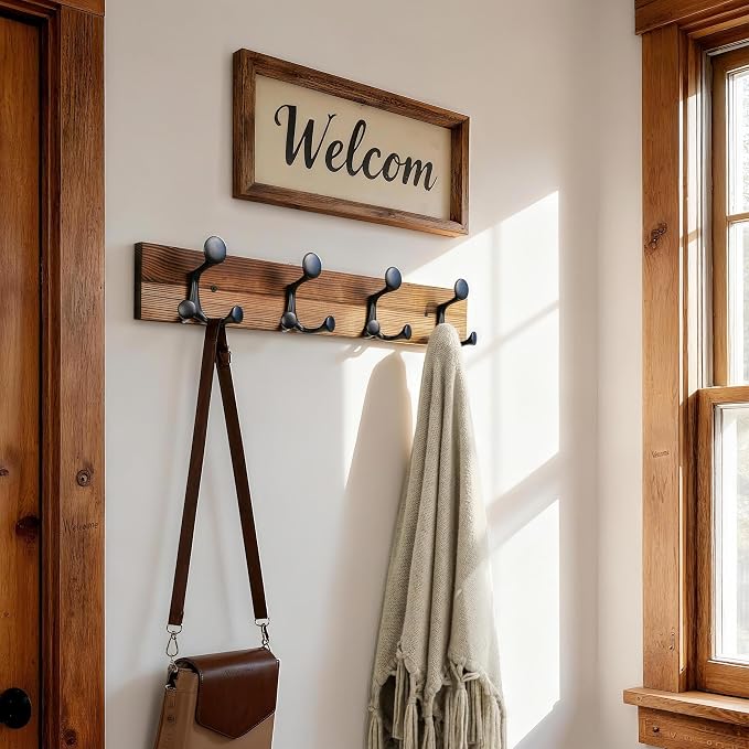 SKOLOO 24-Inch Wood Coat Rack Wall Mount with 4 Triple Hooks - Ideal for Family Entrances, Classrooms, and Pet Supplies Storage - Perfect Coat Hooks for Wall,Charred Golden Brown, Pack of 2