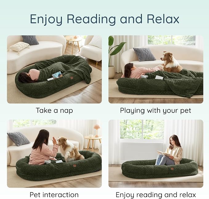 ChiXnuggle Orthopedic Human Dog Bed,with Faux Fur Washable Cover,Blanket | olive green,72*40*10,giant dog bed for adult or extra large dogs,egg crate foam,non-slip bottom