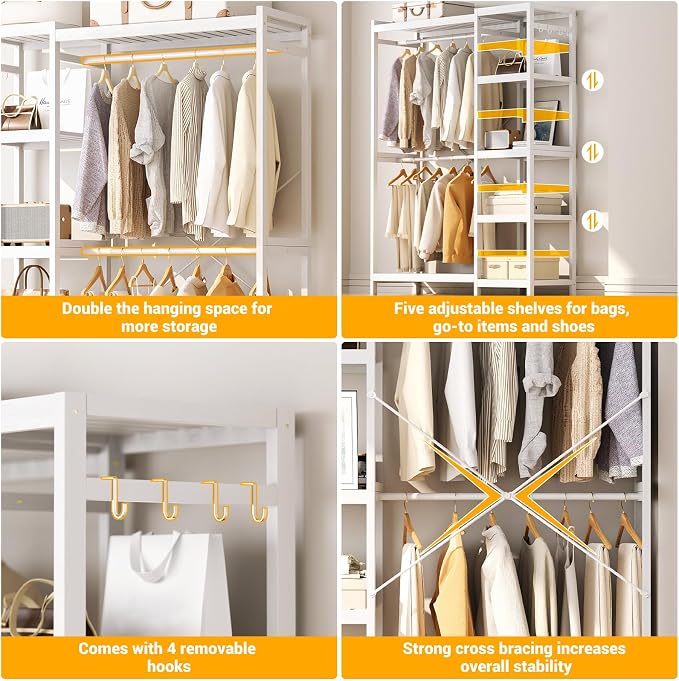 Bamboo Closet System Set of 2, 41.4” Wide Clothing Rack, Pure White | Freestanding Clothes Rack with 14 Adjustable Shelves, 4 Rods, 8 Hooks, Open Wardrobe Organizer, Wood Garment Rack for Bedroom